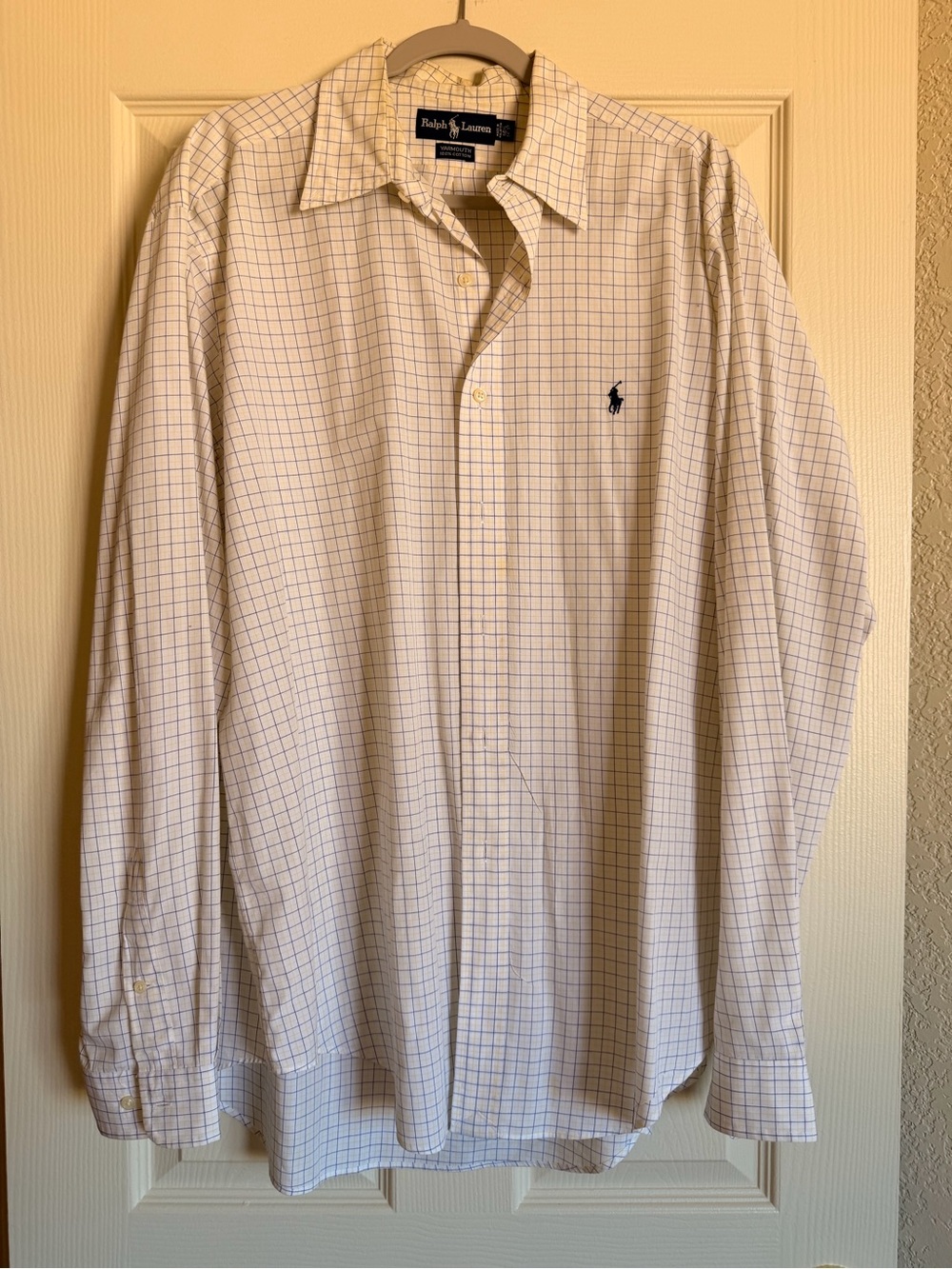 Ralph Lauren White Windowpane Long-Sleeve Dress Shirt Size 16 1/2 Large Cotton